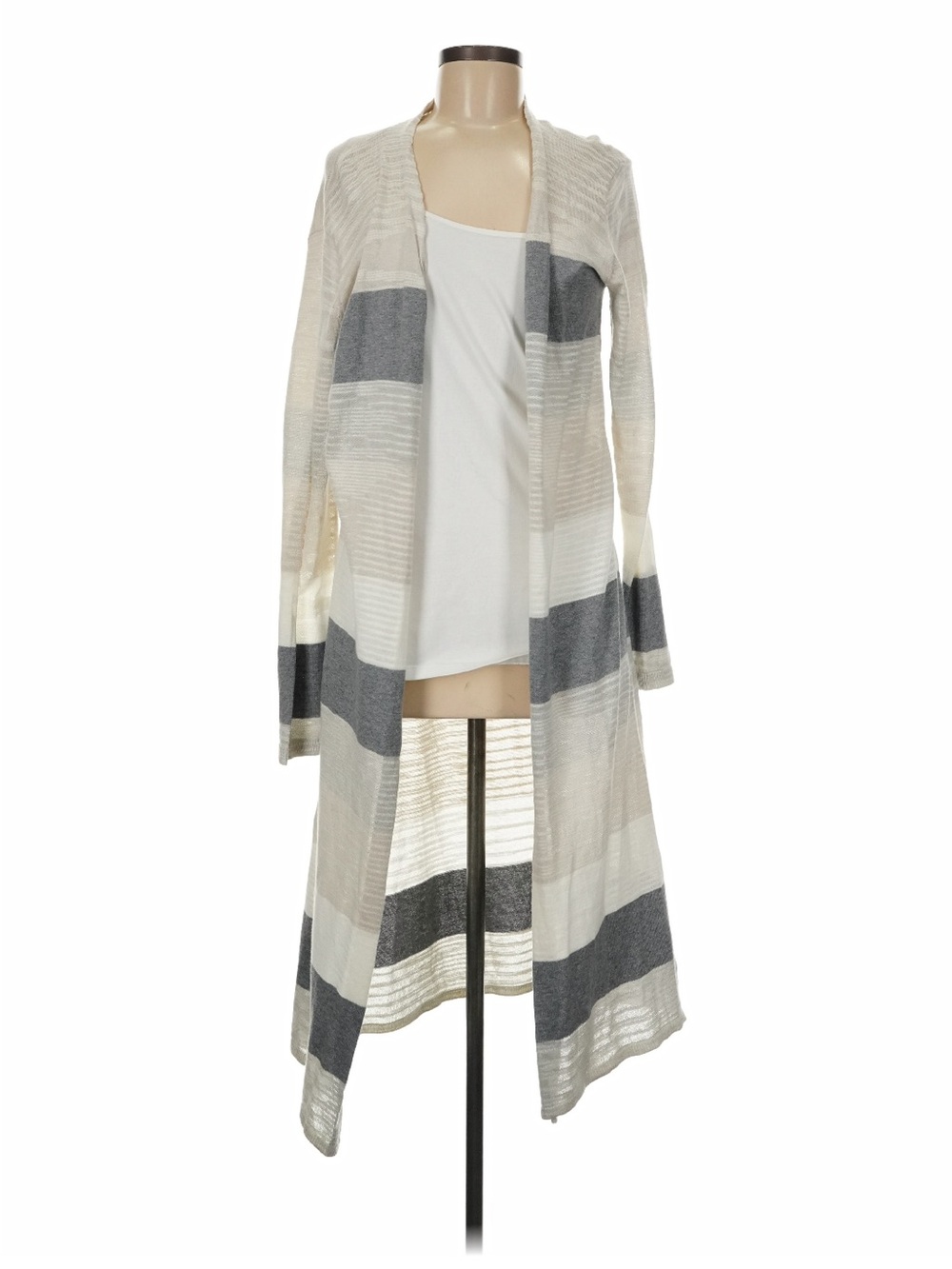 CAbi Long Open-Front Striped Cardigan - Cream & Gray Size Medium New Condition